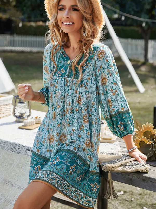 Bohemian Floral Print Mini Dress with V-Neck and Long Sleeves