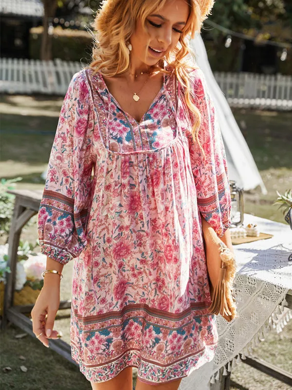 Bohemian Floral Print Mini Dress with V-Neck and Long Sleeves