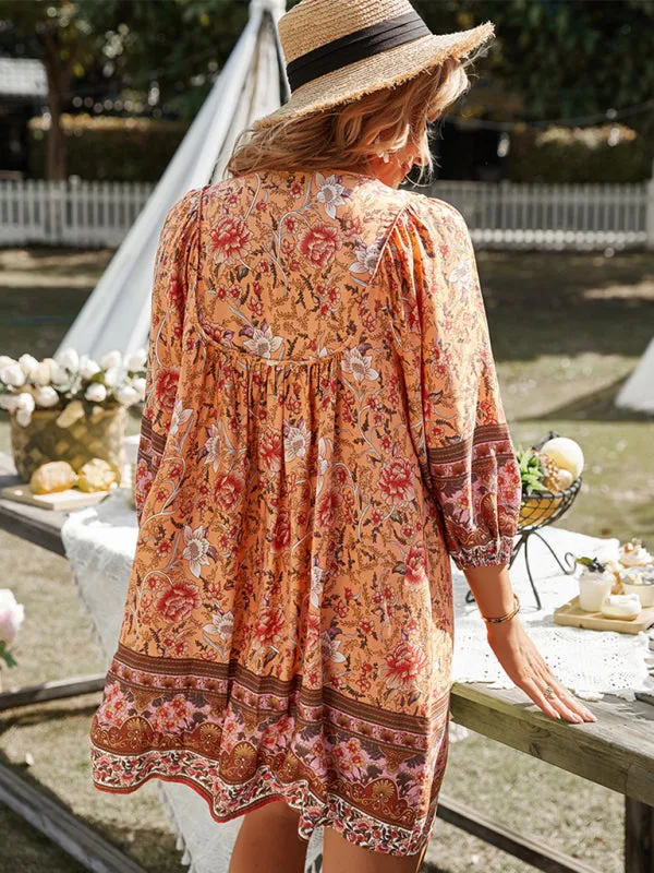 Bohemian Floral Print Mini Dress with V-Neck and Long Sleeves