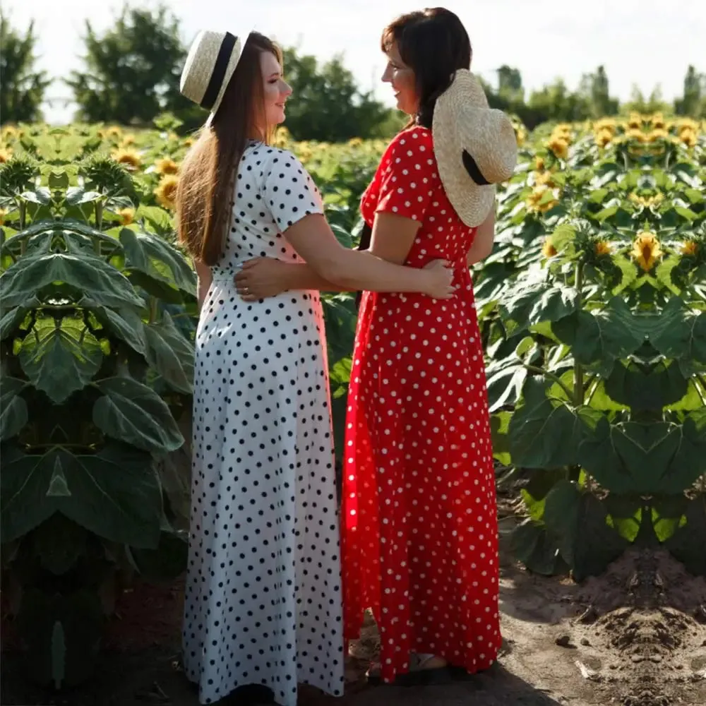 Boho Polka Dot Long Dresses Women Split Short Sleeve Summer Casual Dress Maxi Dress