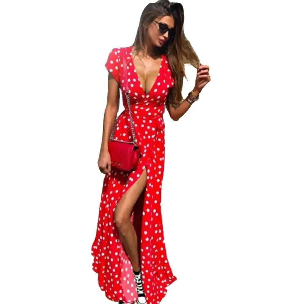 Boho Polka Dot Long Dresses Women Split Short Sleeve Summer Casual Dress Maxi Dress