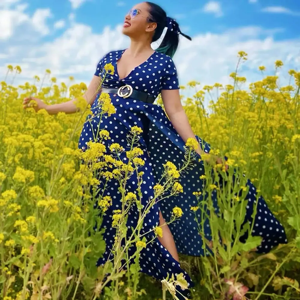 Boho Polka Dot Long Dresses Women Split Short Sleeve Summer Casual Dress Maxi Dress