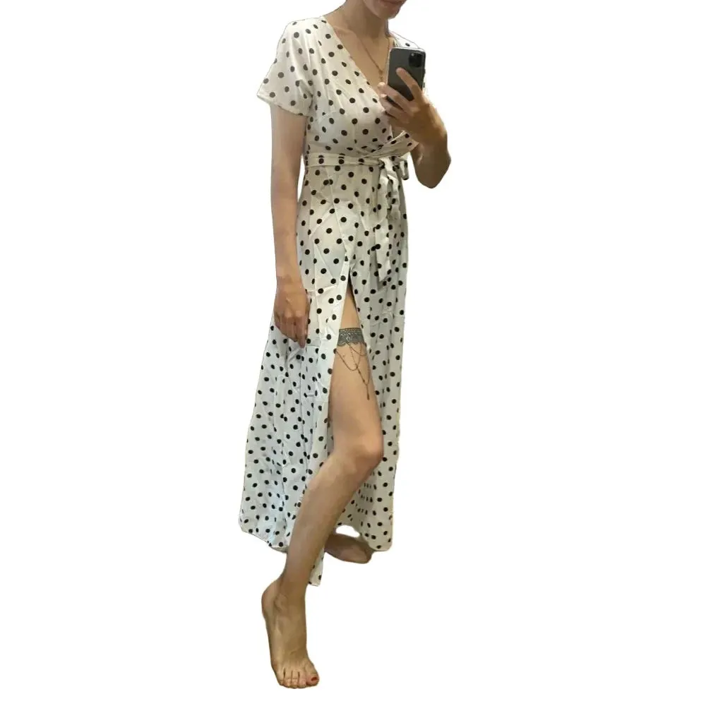 Boho Polka Dot Long Dresses Women Split Short Sleeve Summer Casual Dress Maxi Dress