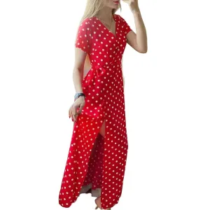 Boho Polka Dot Long Dresses Women Split Short Sleeve Summer Casual Dress Maxi Dress