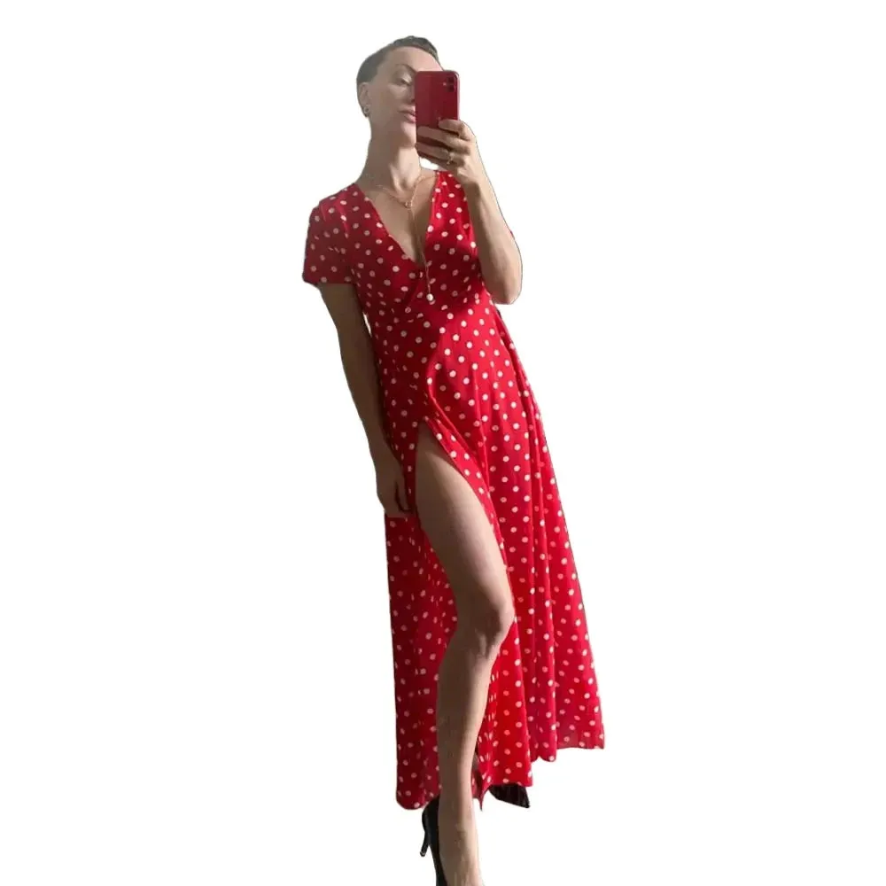 Boho Polka Dot Long Dresses Women Split Short Sleeve Summer Casual Dress Maxi Dress