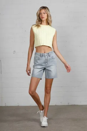 Button Down Raw Hem Denim Shorts
