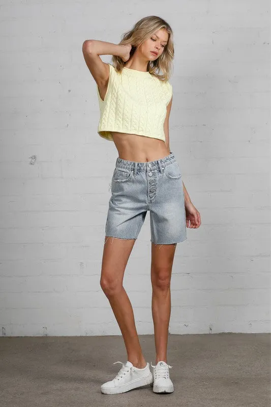 Button Down Raw Hem Denim Shorts