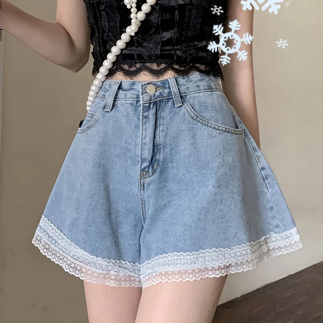 Chic Womens Denim Shorts with Delicate Lace Trim - Eye-Catching Contrast Design, Super-Flattering Wide Leg Cut - Perfect Summer Fashion Staple, Versatile Style