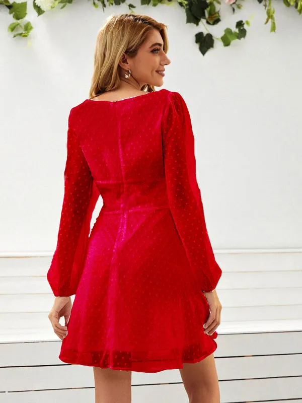 Chiffon Mini Dress with Polka Dot Pattern and Long Sleeves