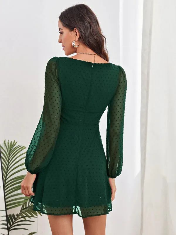 Chiffon Mini Dress with Polka Dot Pattern and Long Sleeves