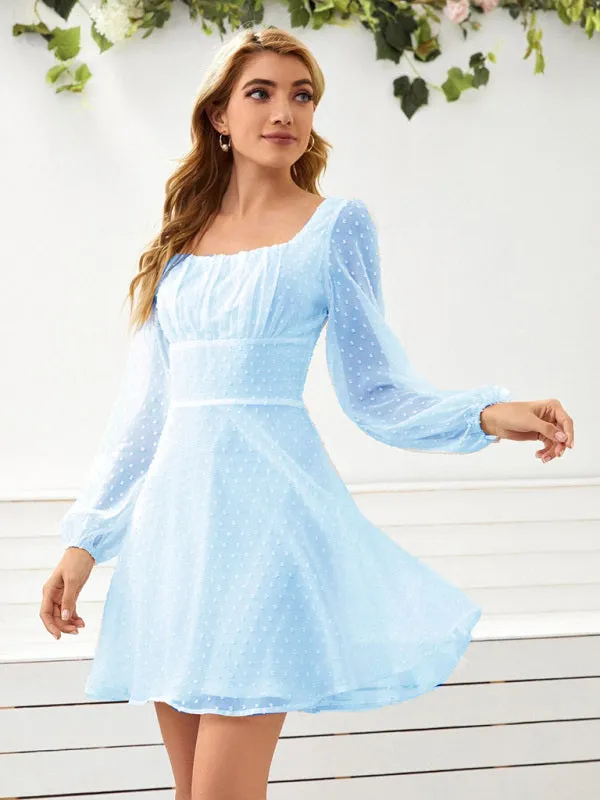 Chiffon Mini Dress with Polka Dot Pattern and Long Sleeves