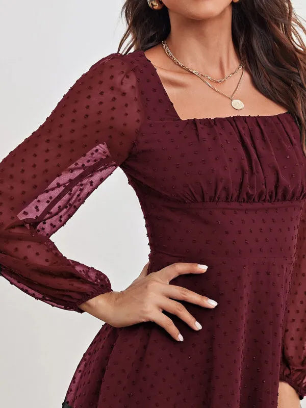 Chiffon Mini Dress with Polka Dot Pattern and Long Sleeves