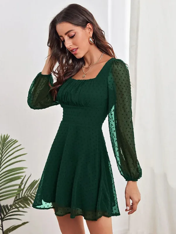 Chiffon Mini Dress with Polka Dot Pattern and Long Sleeves