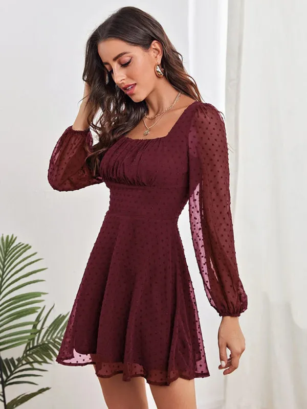 Chiffon Mini Dress with Polka Dot Pattern and Long Sleeves