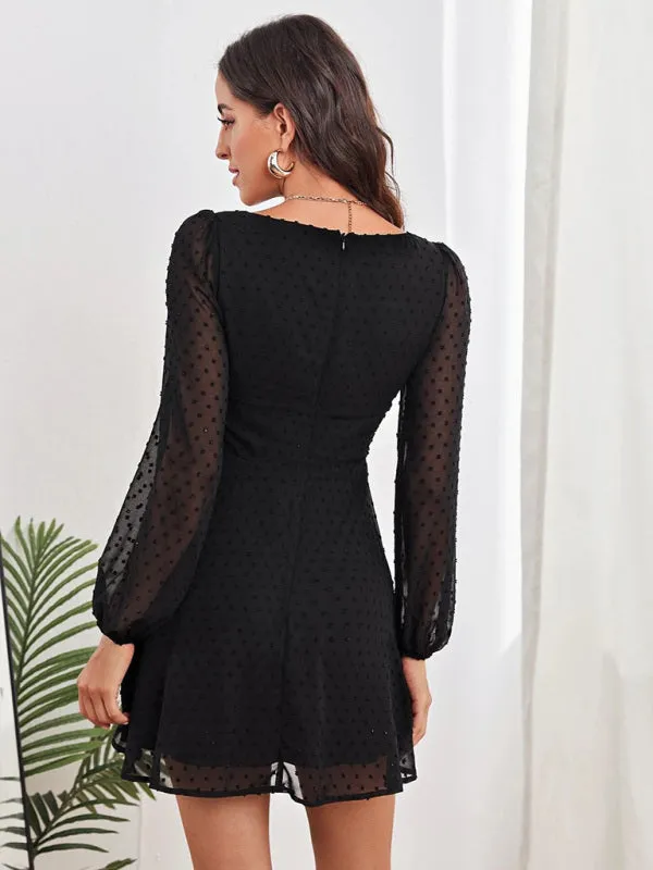 Chiffon Mini Dress with Polka Dot Pattern and Long Sleeves