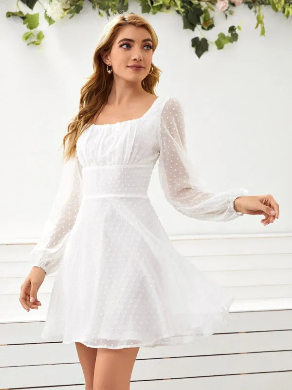 Chiffon Mini Dress with Polka Dot Pattern and Long Sleeves