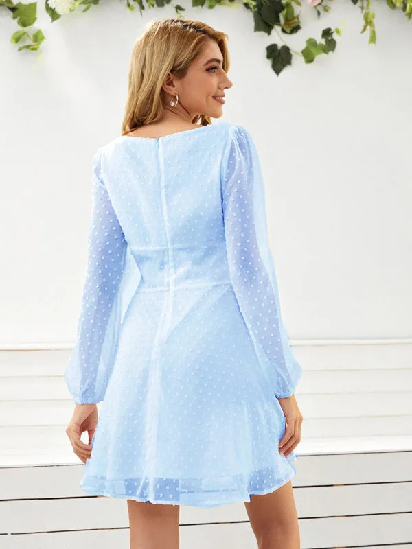 Chiffon Mini Dress with Polka Dot Pattern and Long Sleeves