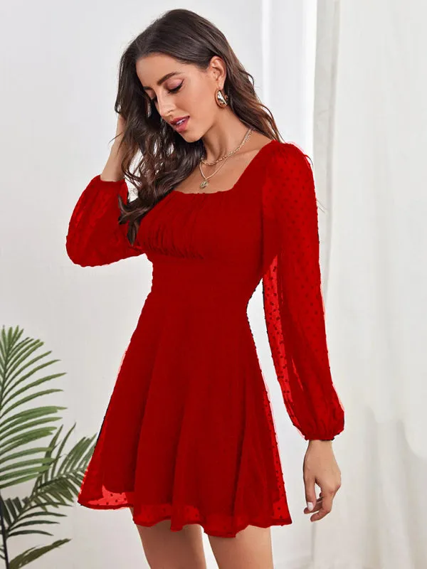 Chiffon Mini Dress with Polka Dot Pattern and Long Sleeves
