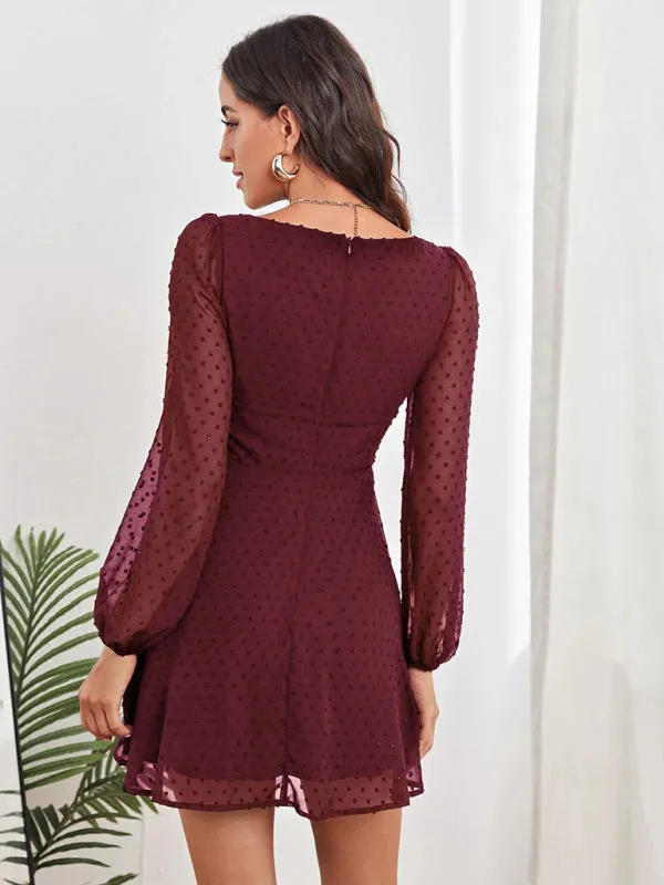 Chiffon Mini Dress with Polka Dot Pattern and Long Sleeves