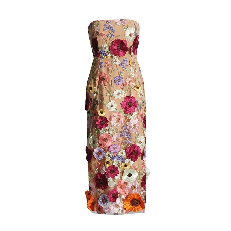 Christine Contrast Color Mesh 3D Floral Patchwork Design Dress