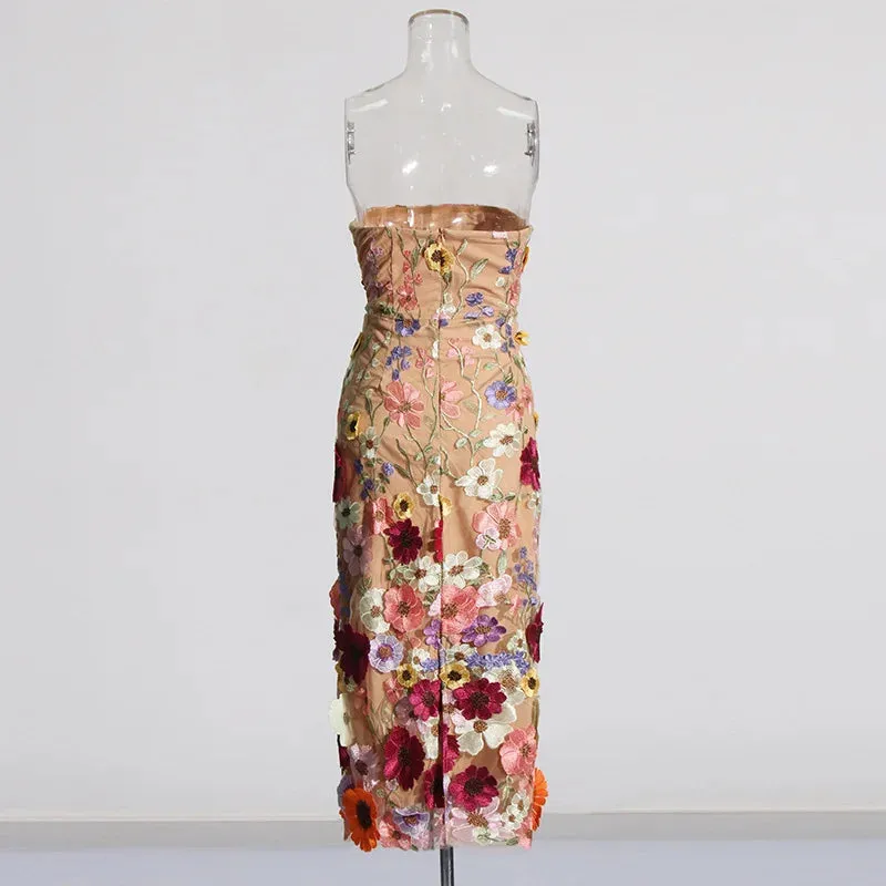 Christine Contrast Color Mesh 3D Floral Patchwork Design Dress