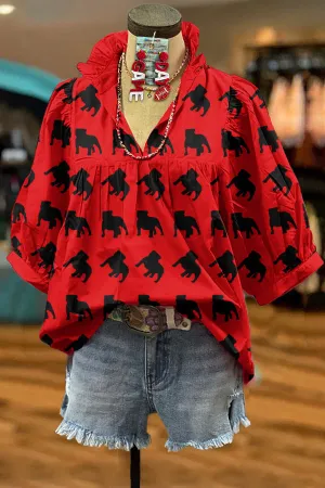 Classic Georgia Bulldog Print Puff Sleeve Blouse