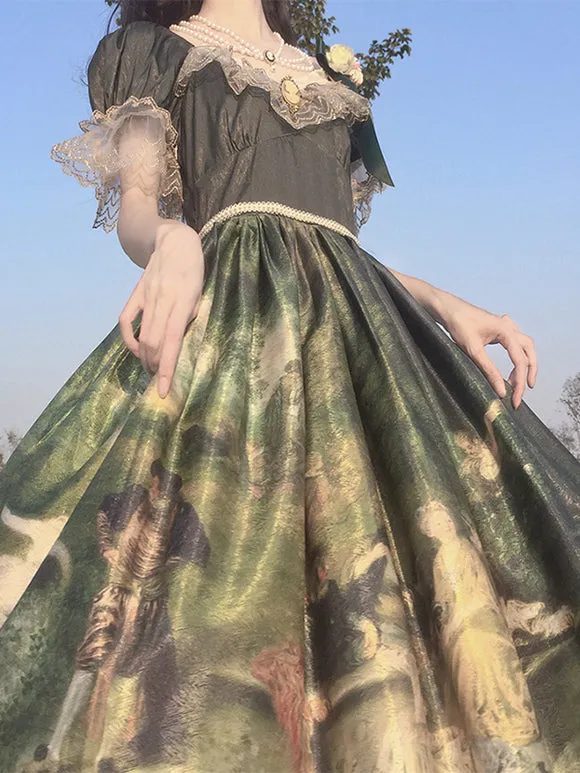 Classical Lolita Dress Polyester Lace Lolita Dresses Short Sleeves Floral Print Classic Green
