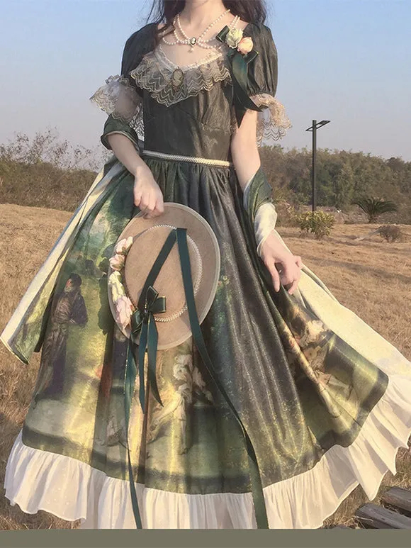 Classical Lolita Dress Polyester Lace Lolita Dresses Short Sleeves Floral Print Classic Green