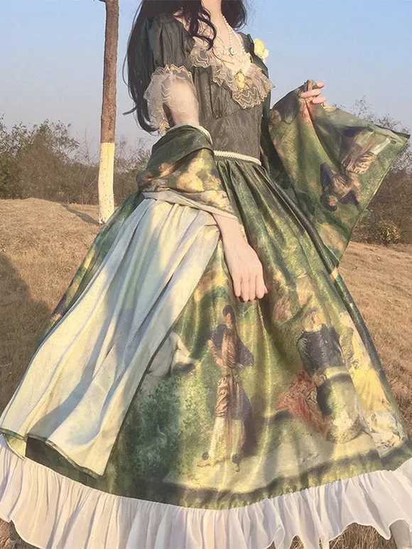 Classical Lolita Dress Polyester Lace Lolita Dresses Short Sleeves Floral Print Classic Green