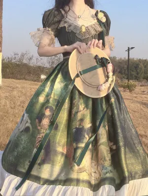 Classical Lolita Dress Polyester Lace Lolita Dresses Short Sleeves Floral Print Classic Green