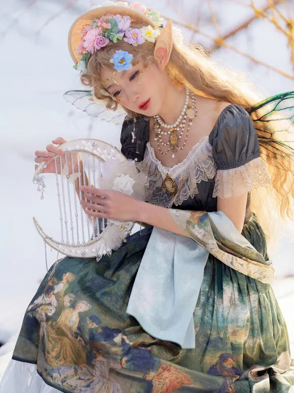 Classical Lolita Dress Polyester Lace Lolita Dresses Short Sleeves Floral Print Classic Green
