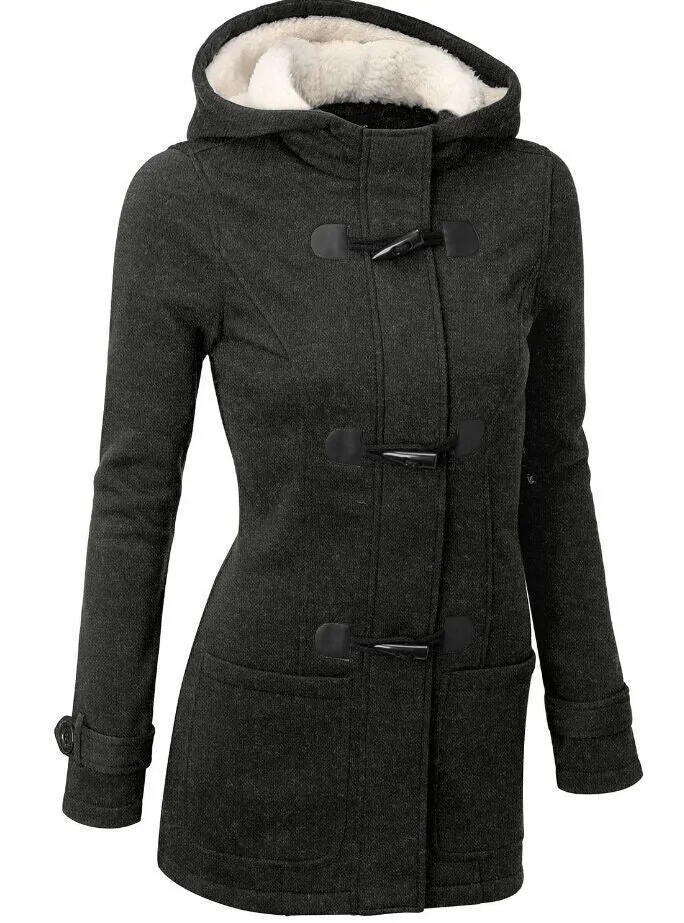 Coat Women Fashion Women Wool Blends Slim Hooded Collar Zipper Horn Button Long Coats Outerwear special button