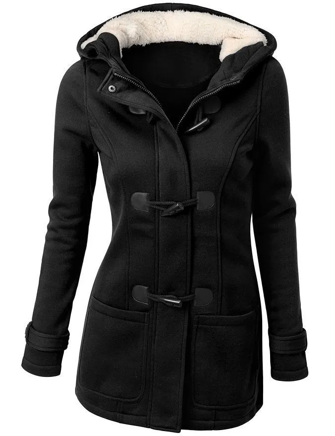 Coat Women Fashion Women Wool Blends Slim Hooded Collar Zipper Horn Button Long Coats Outerwear special button