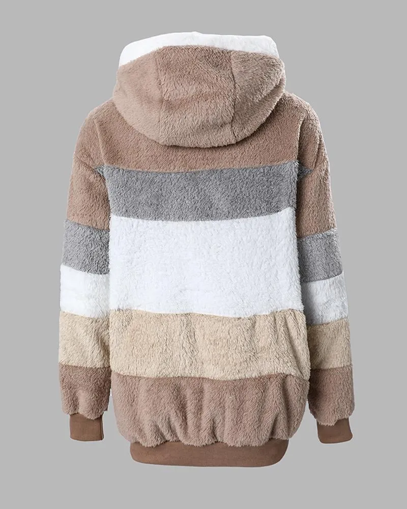Colorblock Long Sleeve Fuzzy Hooded Zip Up Teddy Coat
