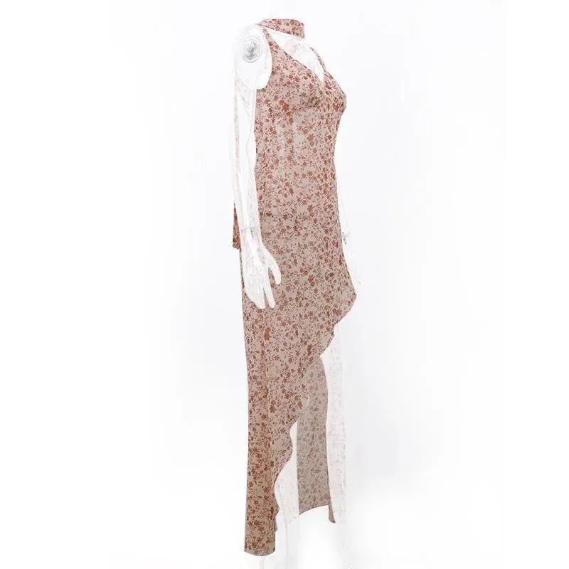 Contrast flower print slit irregular backless midi dress