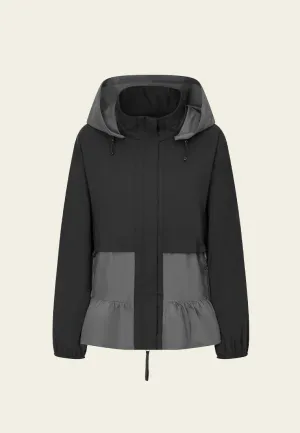 Contrast-panelled Consealed-fastening Ruffled-hem Hooded Windbreaker