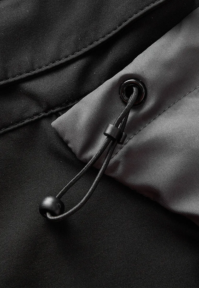 Contrast-panelled Consealed-fastening Ruffled-hem Hooded Windbreaker