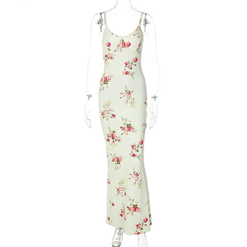 Contrast u neck backless flower print maxi dress