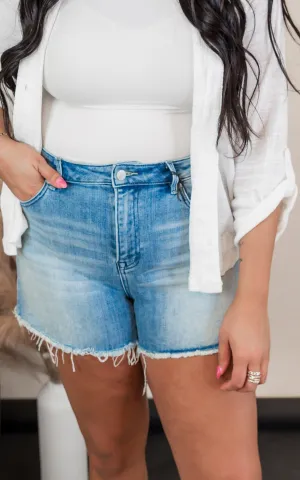 Cool Indigo High Rise Frayed Denim Shorts | MICA -30A APRIL PREORDER (IN-HOUSE)