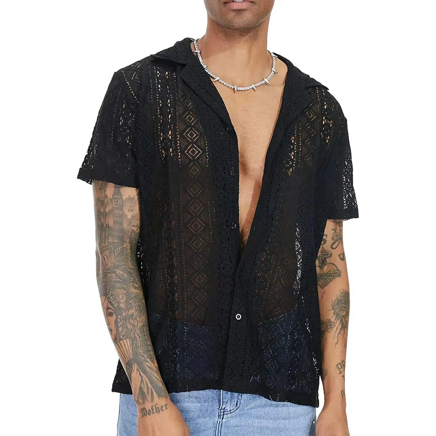 CoolWave Herren Hollow Out Lace Bluse