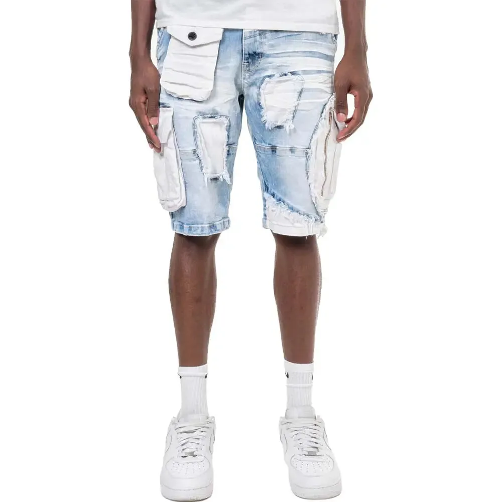 Copper Rivet Men Utility Cut Denim Shorts (Ice Blue)