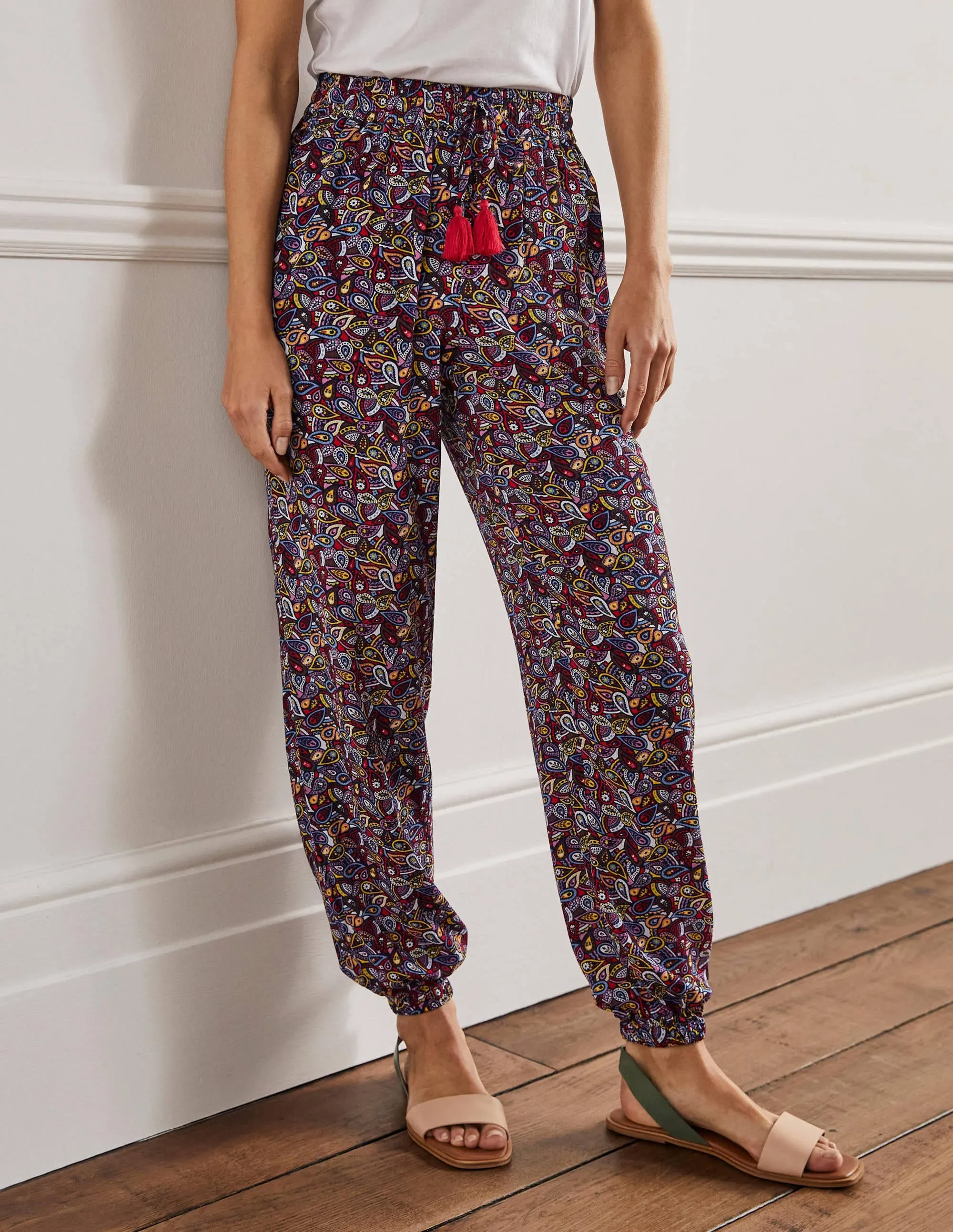 Crinkle Tapered Trousers-French Navy, Paisley Blush