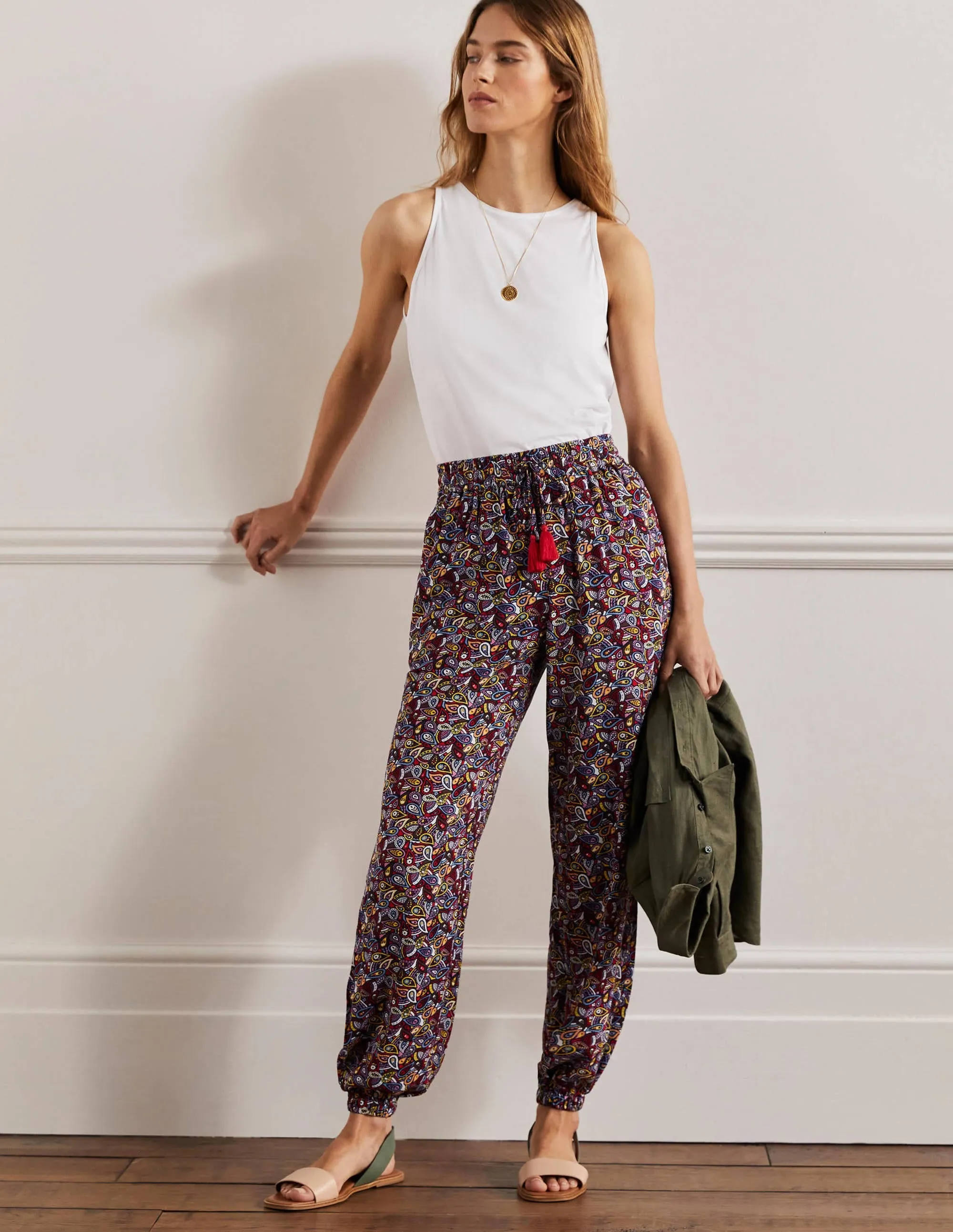 Crinkle Tapered Trousers-French Navy, Paisley Blush