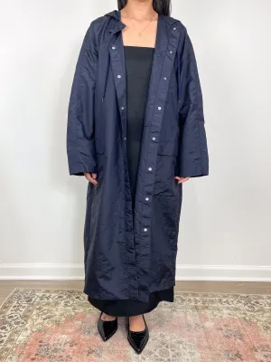 Crispy Nylon Hooded Coat in Navy
