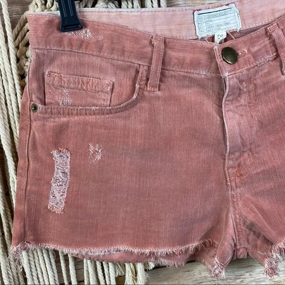 Current/Elliott | Salmon Pink Distressed Denim Raw Hem Cut-Off Jean Shorts