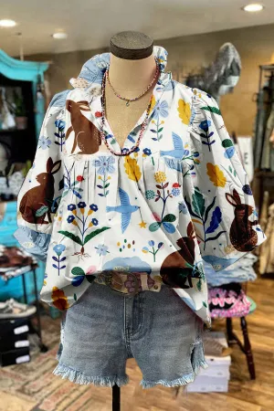 Cute Easter Egg Bunny Print Puff Sleeve Blouse