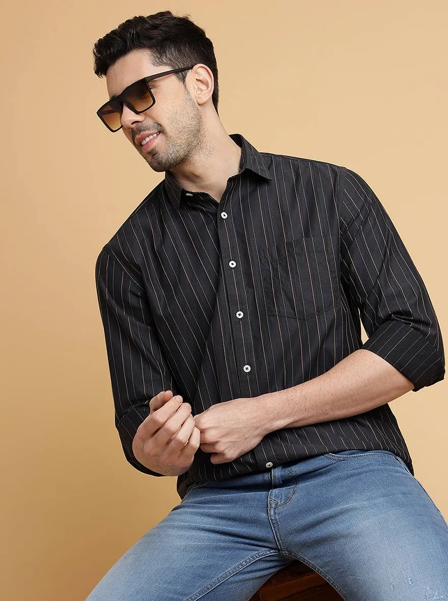 Dark Grey Striped Slim Fit Semi Casual Shirt | JadeBlue