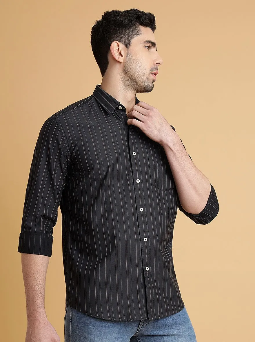 Dark Grey Striped Slim Fit Semi Casual Shirt | JadeBlue