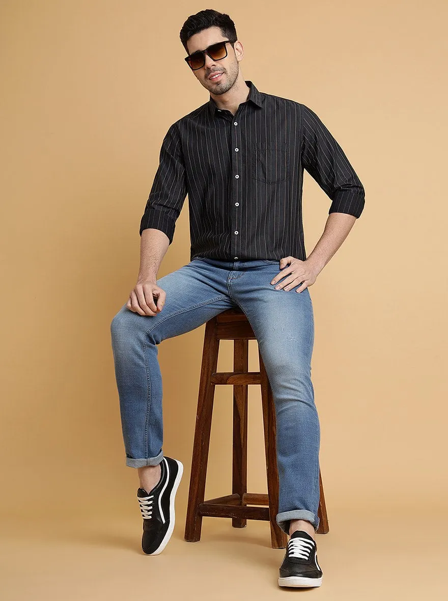 Dark Grey Striped Slim Fit Semi Casual Shirt | JadeBlue