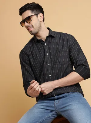 Dark Grey Striped Slim Fit Semi Casual Shirt | JadeBlue